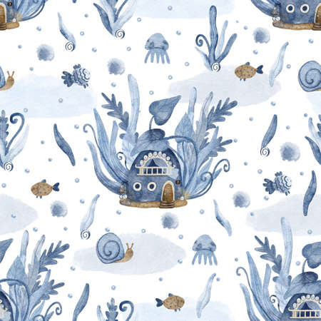 Beautiful seamless pattern with under the sea houses surrounded by seaweed, fish, snails, jellyfish. Hand painted watercolor illustration on white. Great for fabrics, wrapping papers, coversの写真素材