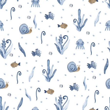Beautiful seamless pattern with seaweed, fish, snails, jellyfish and seashells. Hand painted watercolor illustration on white background. Great for fabrics, wrapping papers, covers.の写真素材