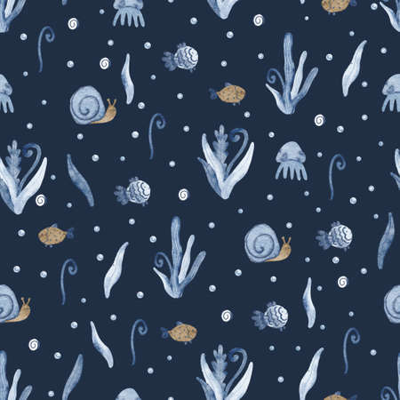 Beautiful seamless pattern with seaweed, fish, snails, jellyfish and seashells. Hand painted watercolor illustration on deep blue background. Great for fabrics, wrapping papers, coversの写真素材