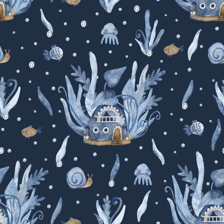 Beautiful seamless pattern with under the sea houses surrounded by seaweed, fish, snails, jellyfish. Hand painted watercolor illustration on deep blue. Great for fabrics, wrapping papers, coversの写真素材