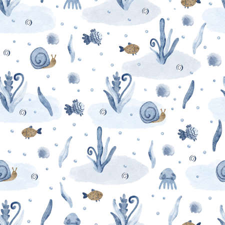 Seamless pattern with seaweed, fish, snails, jellyfish, seashells and watercolor spots. Hand painted watercolor illustration on white background. Great for fabrics, wrapping papers, covers.の写真素材