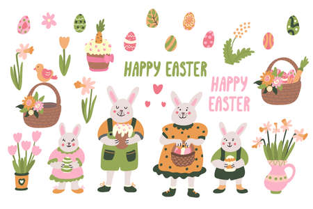 Easter vector set. Smiling rabbit family with cakes, basket with eggs, spring flowers. Hand drawn cartoon illustration and lettering isolated on white. Great for Easter design, posters, greeting cardsのイラスト素材