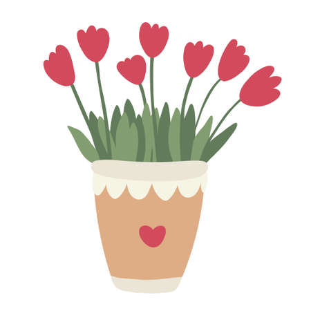Vector hand drawn illustration of red tulips in a pot decorated with a heart. Nice spring flowers. Great for Easter greeting cards, home posters, gardening design.のイラスト素材