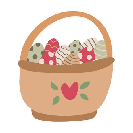 Easter basket full of eggs. Hand drawn vector illustration isolated on white. Flat style. Single pictures for your Easter design, greeting cards, posters.のイラスト素材