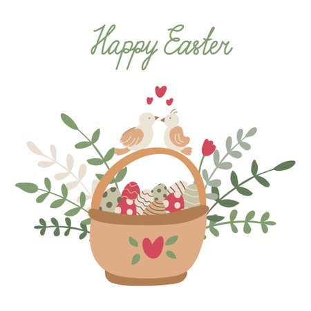 Easter greeting card. Vector illustration of a basket full of colorful eggs with birds on it. Nice tulip spring flower, sprigs and branches. Happy Easter hand drawn lettering.のイラスト素材