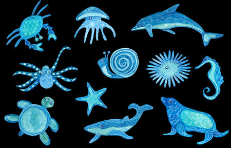 Watercolor set with sea life animals decorated with white patterns. Crab, dolphin, whale and others. Blue and turquoise colors. Hand painted illustration of salt water creatures on black background.の写真素材
