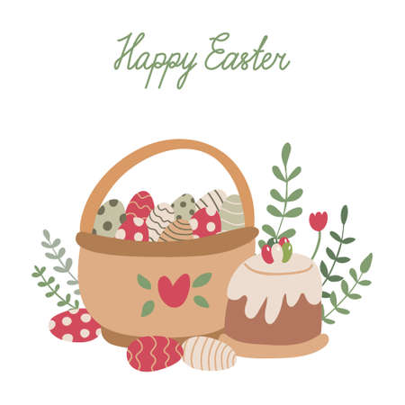 Easter greeting card with a cake, a basket full of colorful eggs, branches with leaves and flowers. Hand drawn vector illustration on white. Happy Easter lettering.のイラスト素材