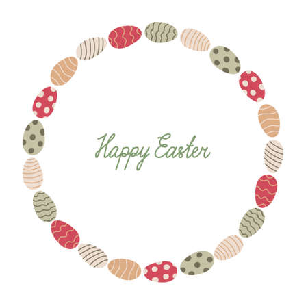 Easter greeting card or round frame with eggs decorated with patterns. Hand drawn vector illustration isolated on white. Happy Easter lettering.のイラスト素材
