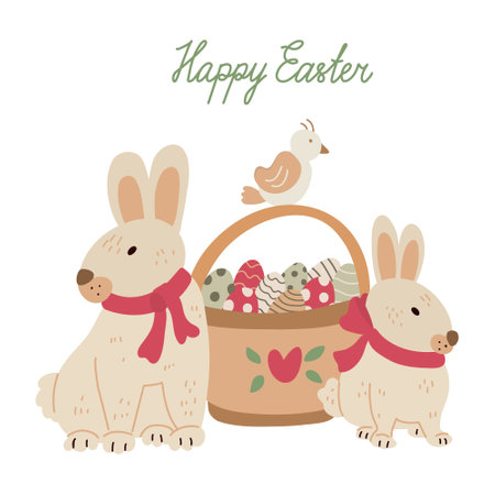 Cute rabbits and an Easter basket with colorful eggs and a bird. Vector illustration on white. Happy Easter hand drawn lettering. Nice greeting card.のイラスト素材