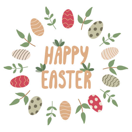 Easter greeting card with eggs decorated with patterns and branches with leaves. Hand drawn vector illustration isolated on white. Happy Easter lettering.のイラスト素材
