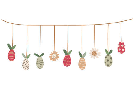 A nice Easter eggs garland decorated with leaves and flowers. Hand drawn vector illustration isolated on white background. Great for greeting card, posters, home decoration.のイラスト素材
