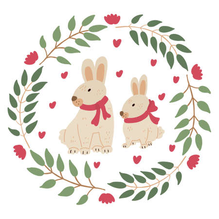 Vector Easter wreath with cute bunnies or rabbits. Hand drawn illustration isolated on white background. Springtime and Easter greeting card, poster.のイラスト素材