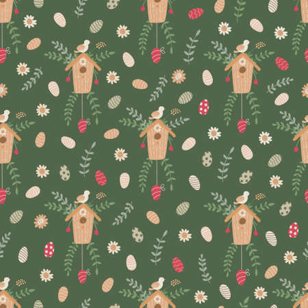 Vector Easter seamless pattern on green. Birdhouses decorated with spring flowers, sprig, colorful eggs and tree branches with leaves. Great for fabrics, wrapping papers, covers.のイラスト素材