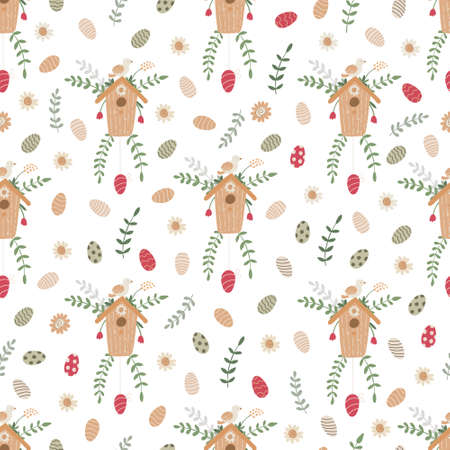 Vector Easter seamless pattern on white. Birdhouses decorated with spring flowers, sprig, colorful eggs and tree branches with leaves. Great for fabrics, wrapping papers, covers.のイラスト素材