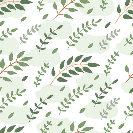 Spring seamless pattern with tree branches with leaves, sprigs and green spots. Great for fabrics, wrapping papers, wall papers, covers. Hand drawn vector illustration on white background.のイラスト素材