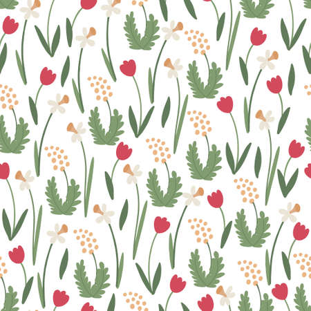 Spring floral seamless pattern. Tulip flowers, daffodils, australian acacia or mimosa and leaves. Great for fabrics, wrapping papers, covers. Vector hand drawn illustration on white background.のイラスト素材