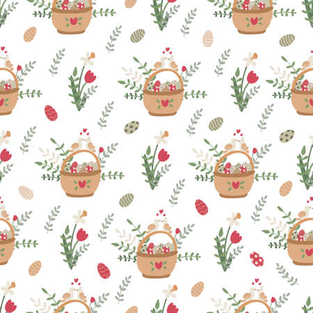 Spring seamless pattern. Baskets full of colorful eggs, daffodil and tulip spring flowers. Lovely birds. Great for fabrics, wrapping papers, covers. Easter design. Vector hand drawn illustration.のイラスト素材