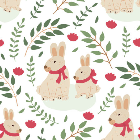 Spring seamless pattern with cute Easter rabbits and tree branches with green leaves. Hand drawn vector illustration on white background. Great for fabrics, wrapping papers, covers.のイラスト素材