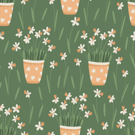 Spring floral seamless pattern. Daffodil or narcissus flowers in pots. Great for fabrics, wrapping papers, covers. Green background. Vector hand drawn illustration.のイラスト素材