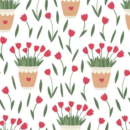 Spring floral seamless pattern. Red tulip flowers in pots. Great for fabrics, wrapping papers, covers. Vector hand drawn illustration on white background.のイラスト素材