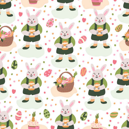 Vector spring seamless pattern. Cute rabbit boys or bunnies on the grass, colorful eggs, Easter cakes and baskets decorated with flowers. Great for fabrics, wrapping papers, covers. Easter design.のイラスト素材