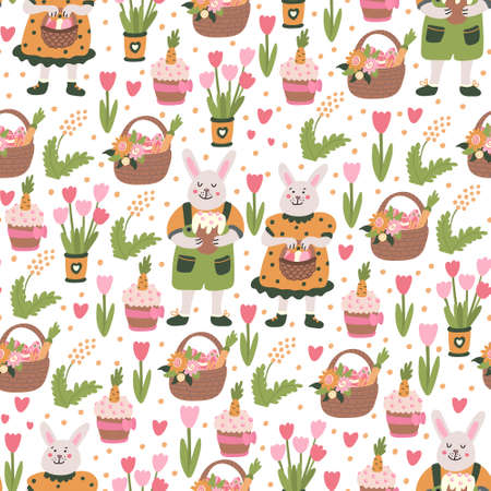 Vector hand drawn seamless pattern. Cute rabbits, colorful eggs, Easter cakes and wicker baskets decorated with spring tulip flowers. Great for fabrics, wrapping paper, covers. Easter design.のイラスト素材