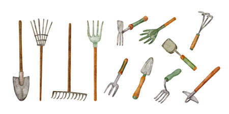 Garden tools for digging and loosening the soil. Hand painted watercolor illustration of shovels, rakes and hoes on white background.の写真素材