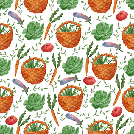 Watercolor seamless pattern with whicker basket with harvest of vegetables on white. Hand painted illustration of cabbage, carrot, tomato and eggplant. Great for fabrics, wrapping papers, covers.の写真素材