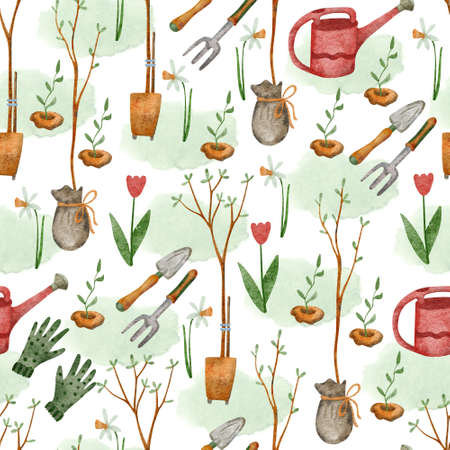 Watercolor seamless pattern with gardening tools and seedlings on white. Hand painted illustration of watering cans, shovels and rakes, spring flowers. Great for fabrics, wrapping papers, covers.の写真素材