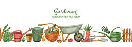Watercolor seamless border with gardening tools and vegetables on white background. Hand painted illustration of a wheelbarrow, bucket, watering cans, wicker basket, flowers, shovel, trowel, rake.の写真素材