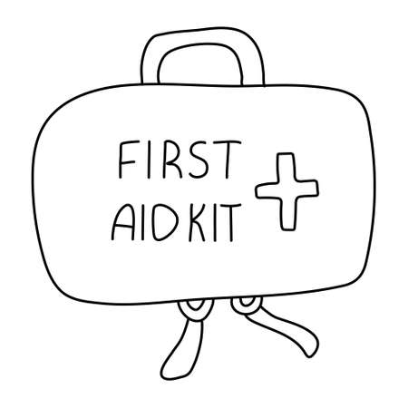 First aid kit. Hand drawn vector illustration in doodle style on white background. Isolated black outline. Camping equipment.のイラスト素材