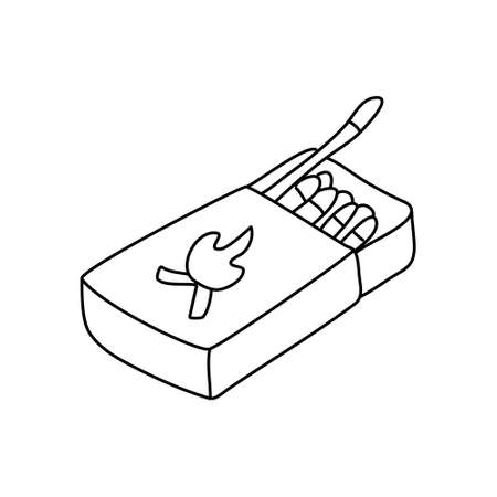 Box of matches. Hand drawn vector illustration in doodle style on white background. Isolated black outline. Camping equipment.のイラスト素材