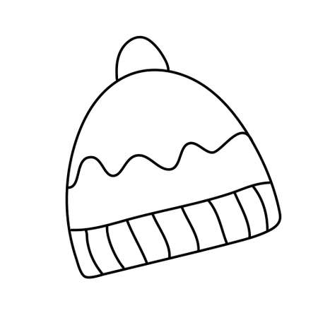 Hand drawn vector illustration of a hat decorated with a pompom in doodle style on white background. Isolated black outline.のイラスト素材