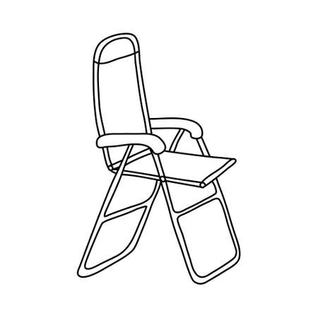 Folding camp chair. Hand drawn vector illustration in doodle style on white background. Isolated black outline. Camping equipment.のイラスト素材