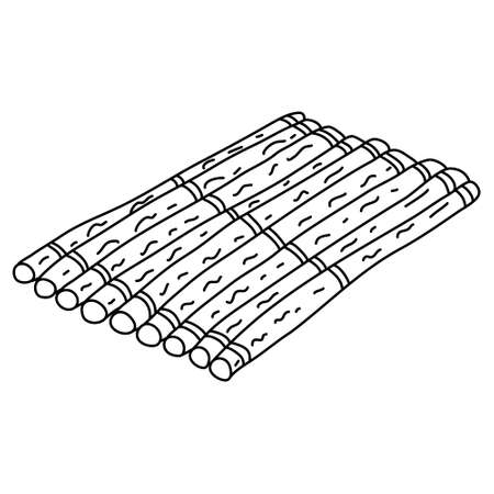 Water wooden raft. Hand drawn vector illustration in doodle style on white background. Isolated black outline. Adventure and tourism.のイラスト素材