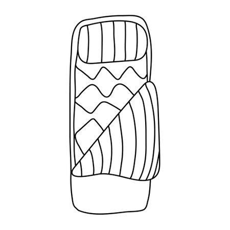 Camping sleeping bag. Hand drawn vector illustration in doodle style on white background. Isolated black outline. Camping equipment.のイラスト素材
