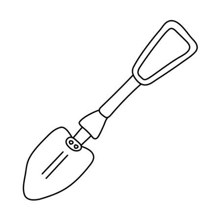 Folding camp shovel. Hand drawn vector illustration in doodle style on white background. Isolated black outline. Camping equipment.のイラスト素材