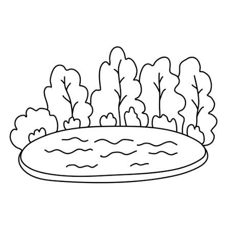 Lake surrounded by forest. Summer landscape. Hand drawn vector illustration in doodle style on white background. Isolated black outline. Camping, tourism and traveling.のイラスト素材