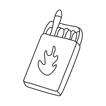 Box of matches decorated with a flame. Hand drawn vector illustration in doodle style on white background. Isolated black outline. Camping equipment.のイラスト素材