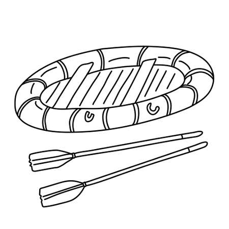 Inflatable boat with two paddles. Hand drawn vector illustration in doodle style on white background. Isolated black outline. Camping and tourism equipment.のイラスト素材