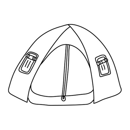 A tent with two windows. Hand drawn vector illustration in doodle style on white background. Isolated black outline. Camping equipment.のイラスト素材