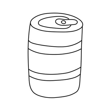 Canning food. Hand drawn vector illustration of a can in doodle style on white background. Isolated black outline. Camping equipment.のイラスト素材