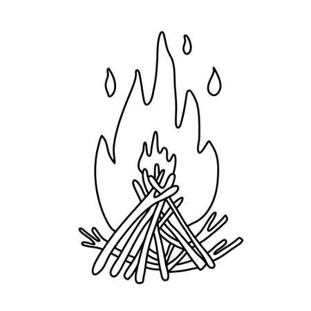 Campfire. Fire flame and branches. Hand drawn vector illustration in doodle style on white background. Isolated black outline. Camping and tourism.のイラスト素材