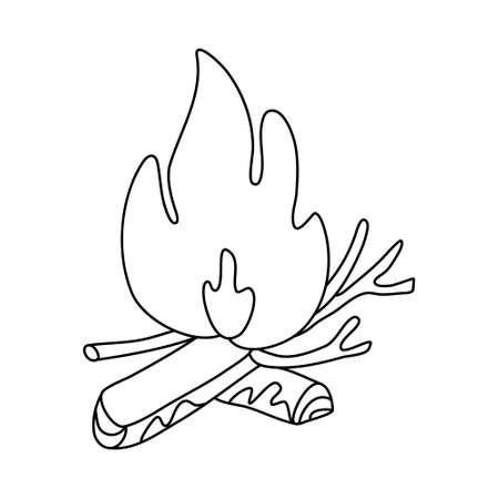 Campfire. Fire flame and logs. Hand drawn vector illustration in doodle style on white background. Isolated black outline. Camping and tourism.のイラスト素材