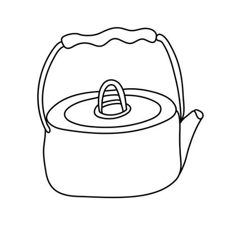 Camping outdoor kettle with handle. Hand drawn vector illustration in doodle style on white background. Isolated black outline. Camping cooking equipment.のイラスト素材