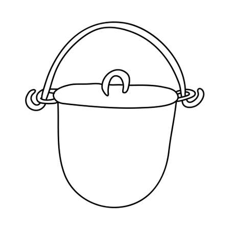 Camping outdoor cooking pot with handle. Hand drawn vector illustration in doodle style on white background. Isolated black outline. Camping equipment.のイラスト素材