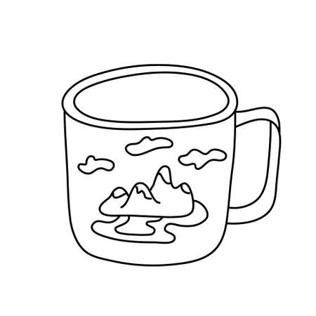 Hand drawn vector illustration of a mug decorated with mountains in doodle style on white background. Isolated black outline. Camping and tourism equipment.のイラスト素材