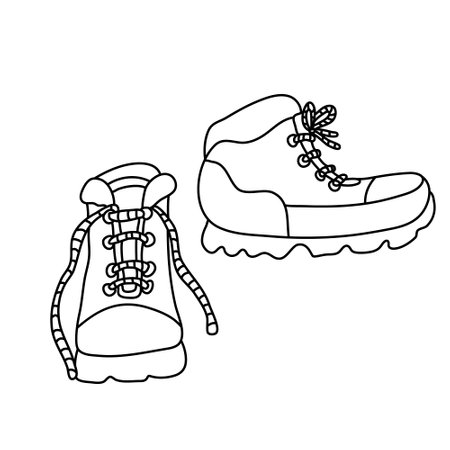 Hand drawn vector illustration of hiking boots in doodle style on white background. Isolated black outline. Camping and tourism clothes.のイラスト素材
