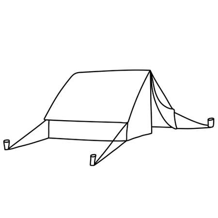Hand drawn vector illustration of a tent in doodle style on white background. Isolated black outline. Camping and tourism equipment.のイラスト素材