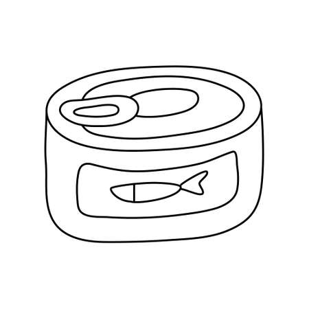 Canned fish. Hand drawn vector illustration in doodle style on white background. Isolated black outline. Camping equipment.のイラスト素材